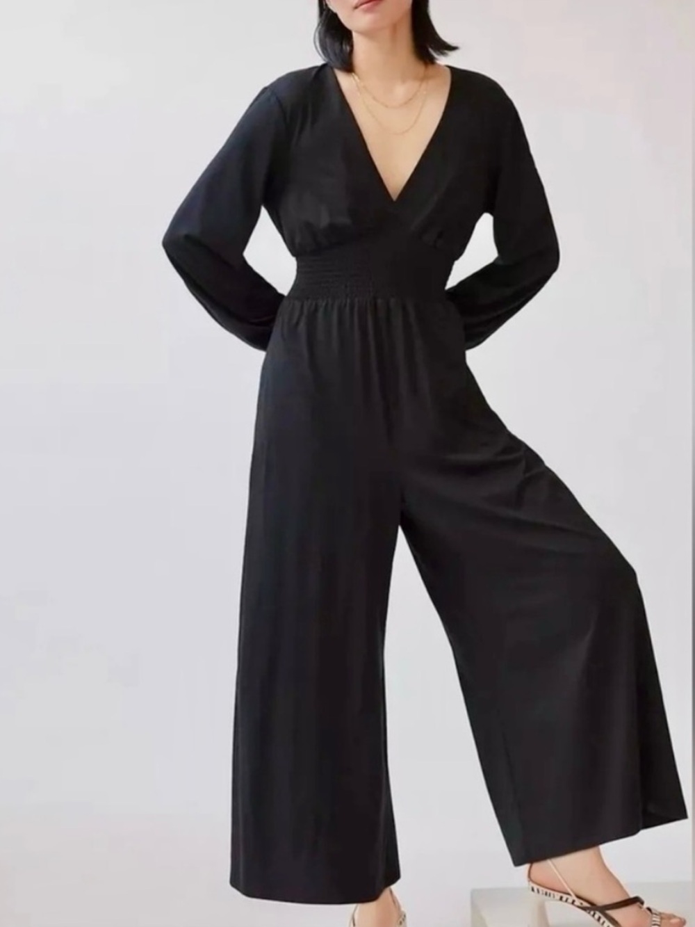 NWT Anthropologie Medium Hutch Black Jersey V-Neck Wide-Leg Long Sleeve Jumpsuit